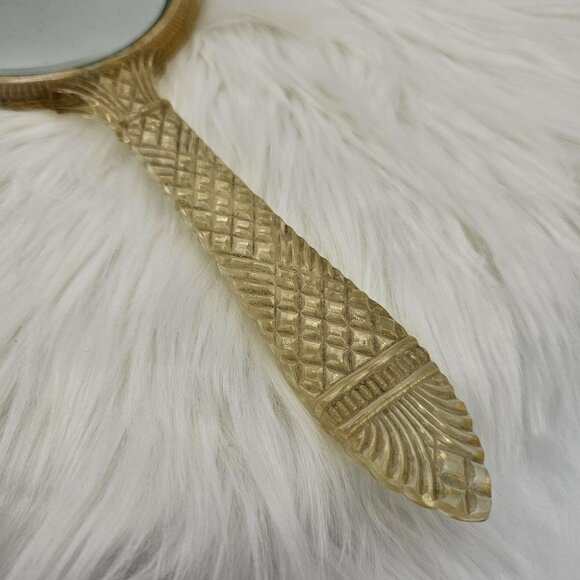 Vintage Handheld Mirror Ornate Lucite Gold Handle Floral Etched Glass FLAW - Picture 2 of 8